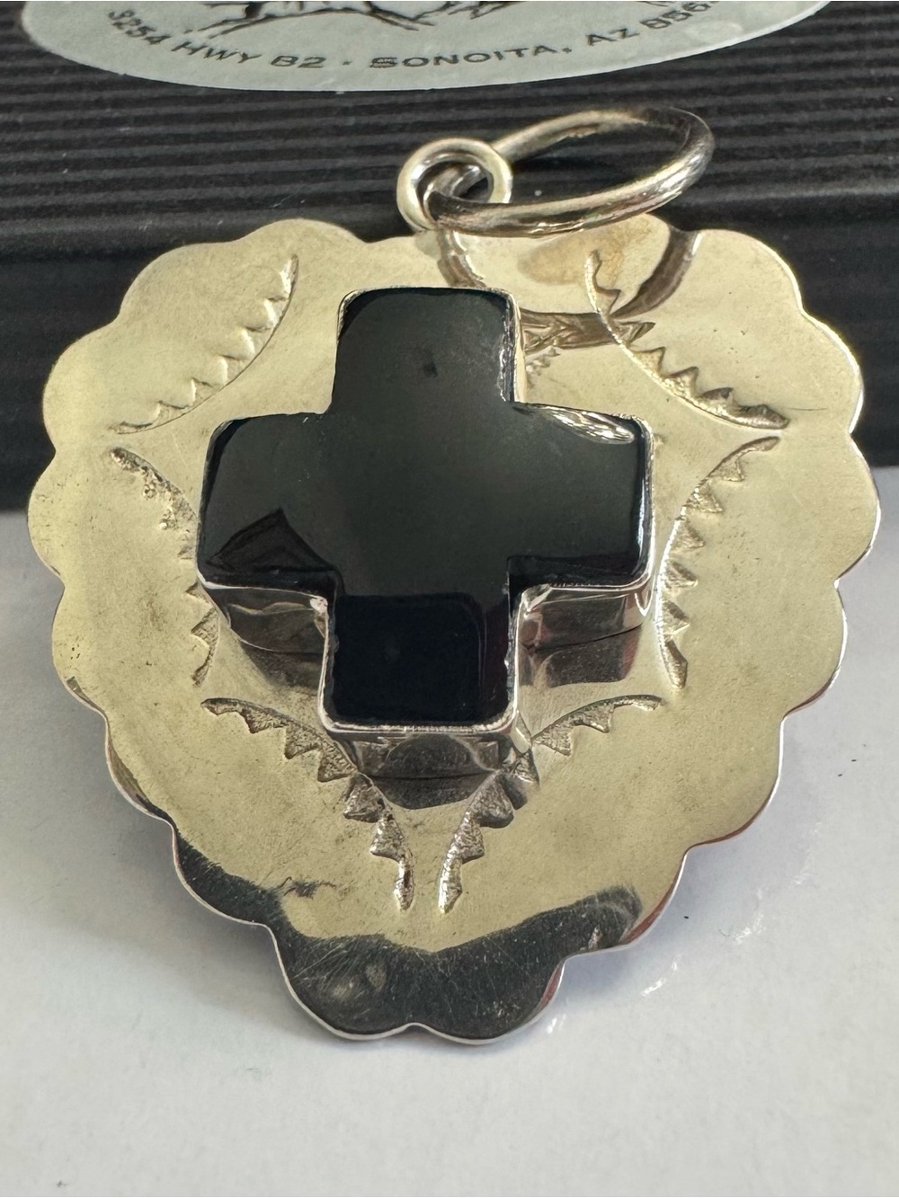 Sterling Silver Heart shaped Pendant wi/Black Onyx Cross Accent  Southwest look! - Picture 3 of 7